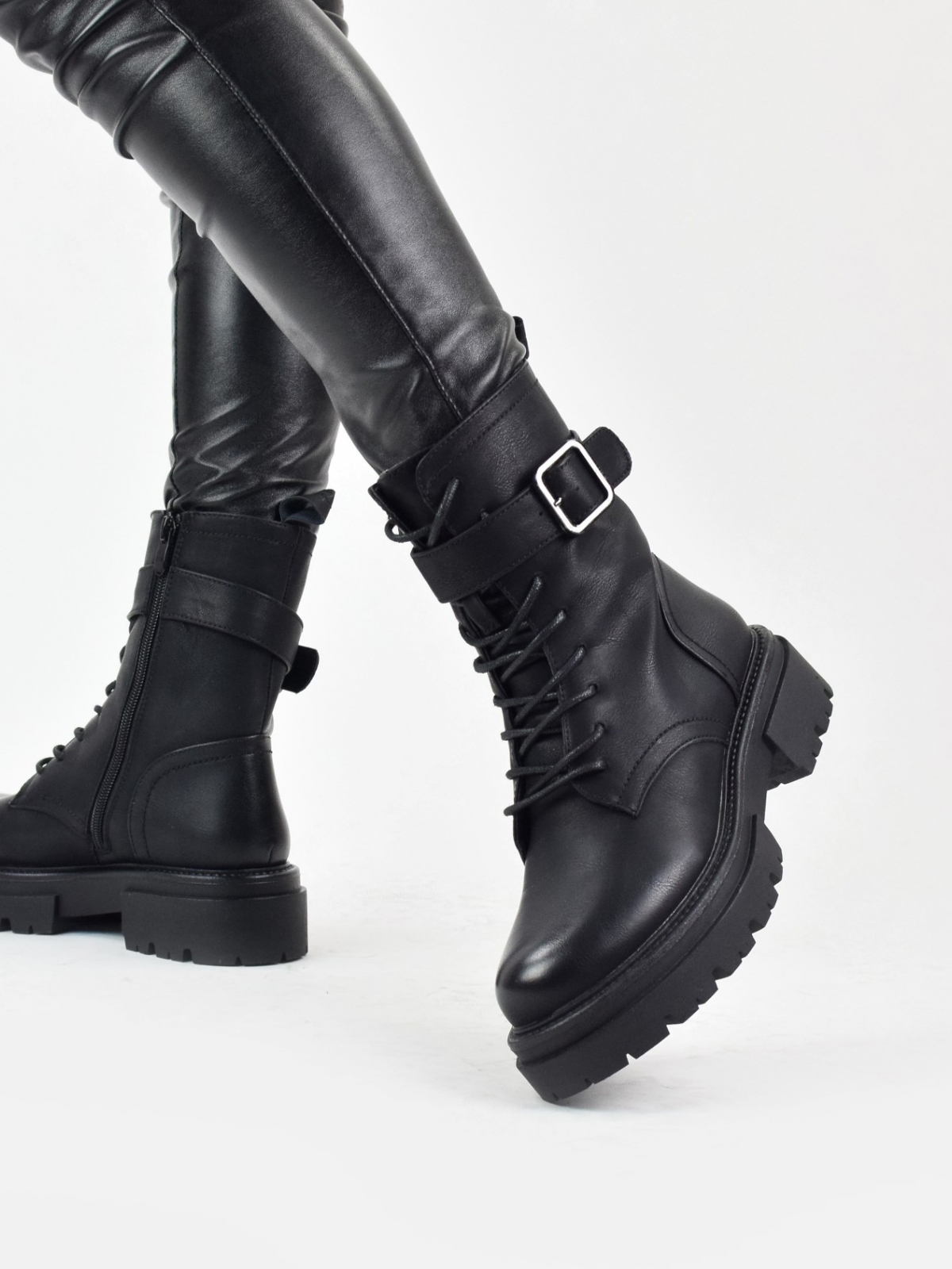 Lace up ankle boots with zipper inside in black