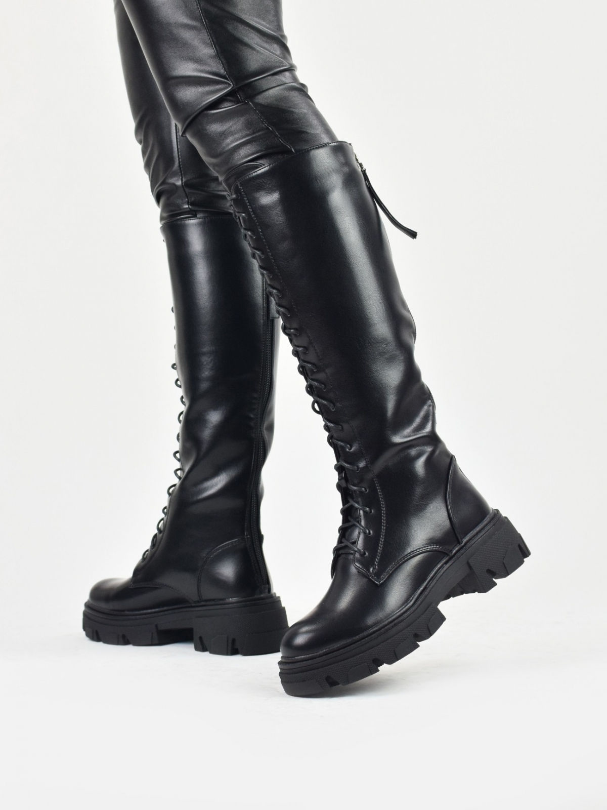 Chunky lace up knee high boots with back zipper in black