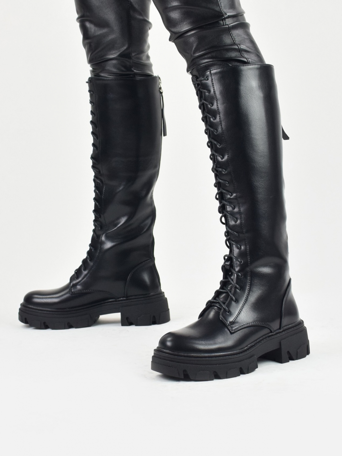 Chunky lace up knee high boots with back zipper in black
