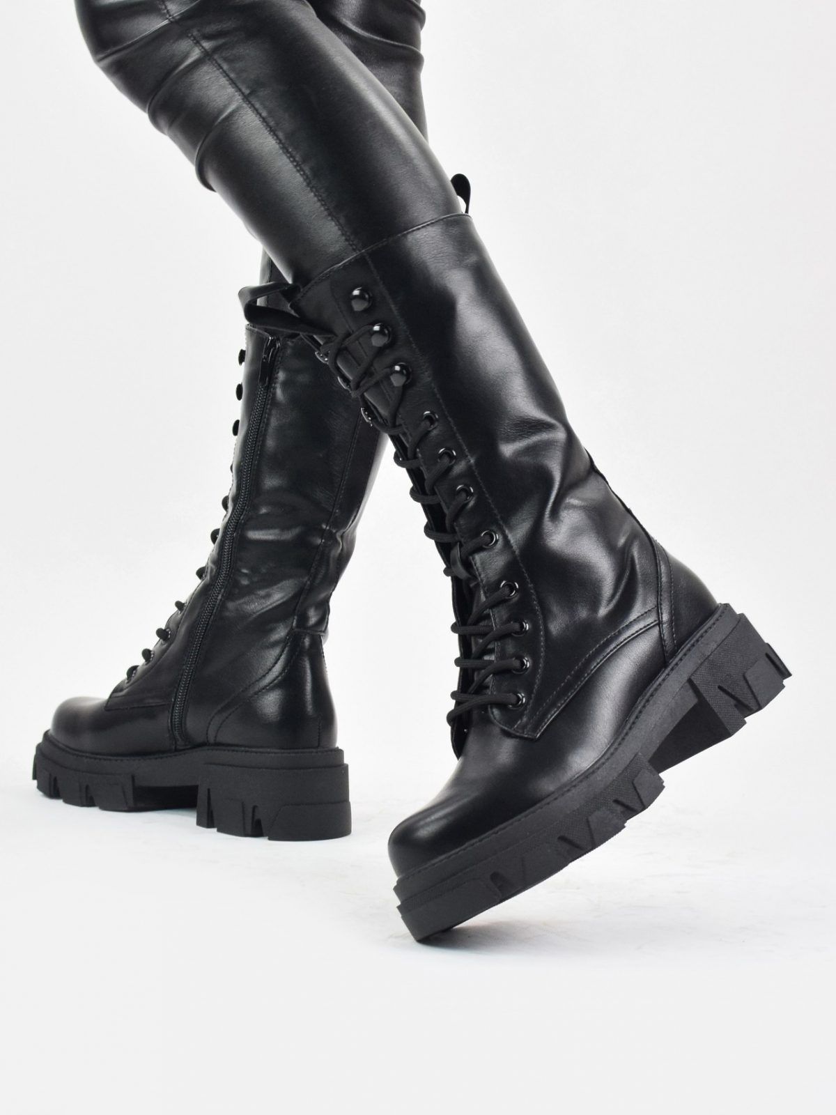 Lace up round toe mid calf ankle boots in black