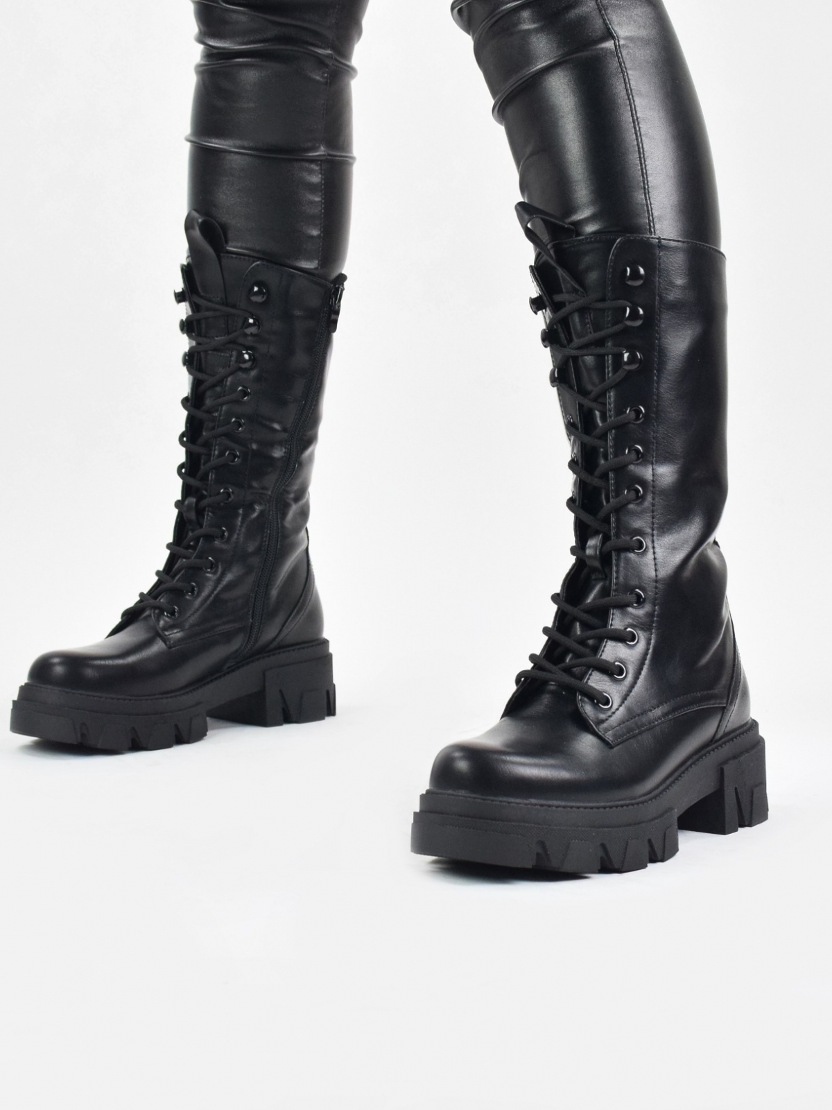 Lace up round toe mid calf ankle boots in black