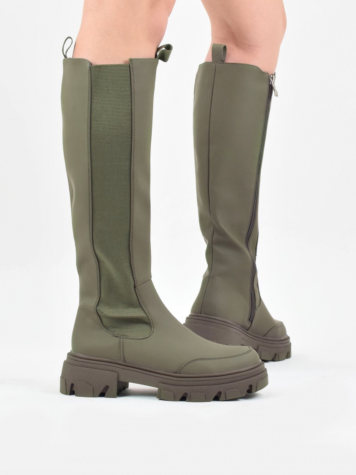 Chunky chelsea style knee high boots in dark green