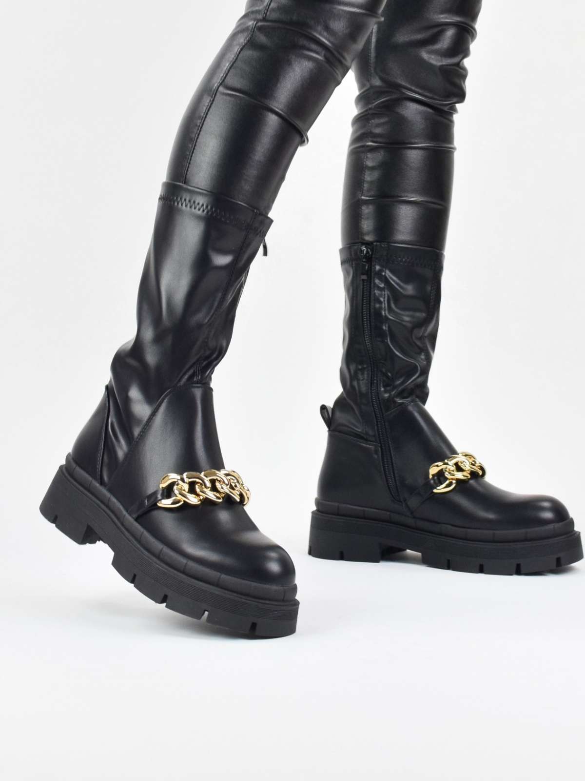 Chunky sock type mid calf boots with chain in black