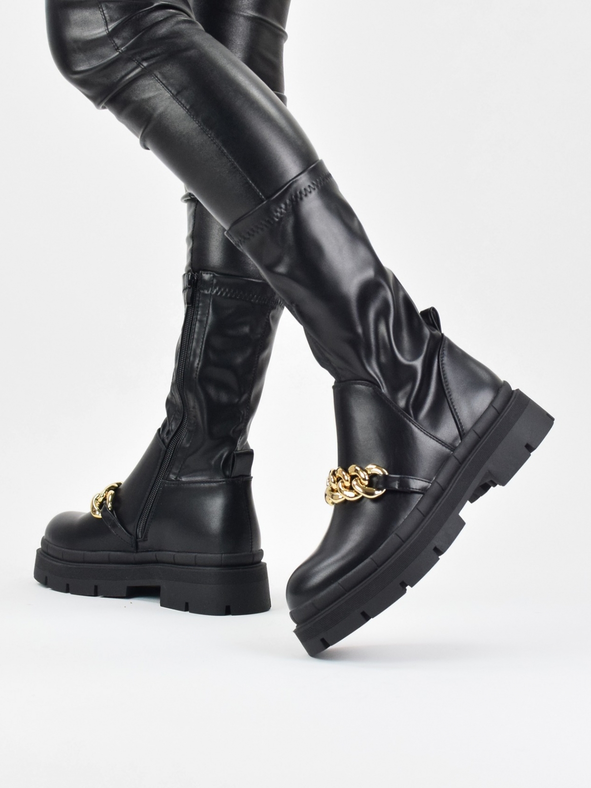 Chunky sock type mid calf boots with chain in black