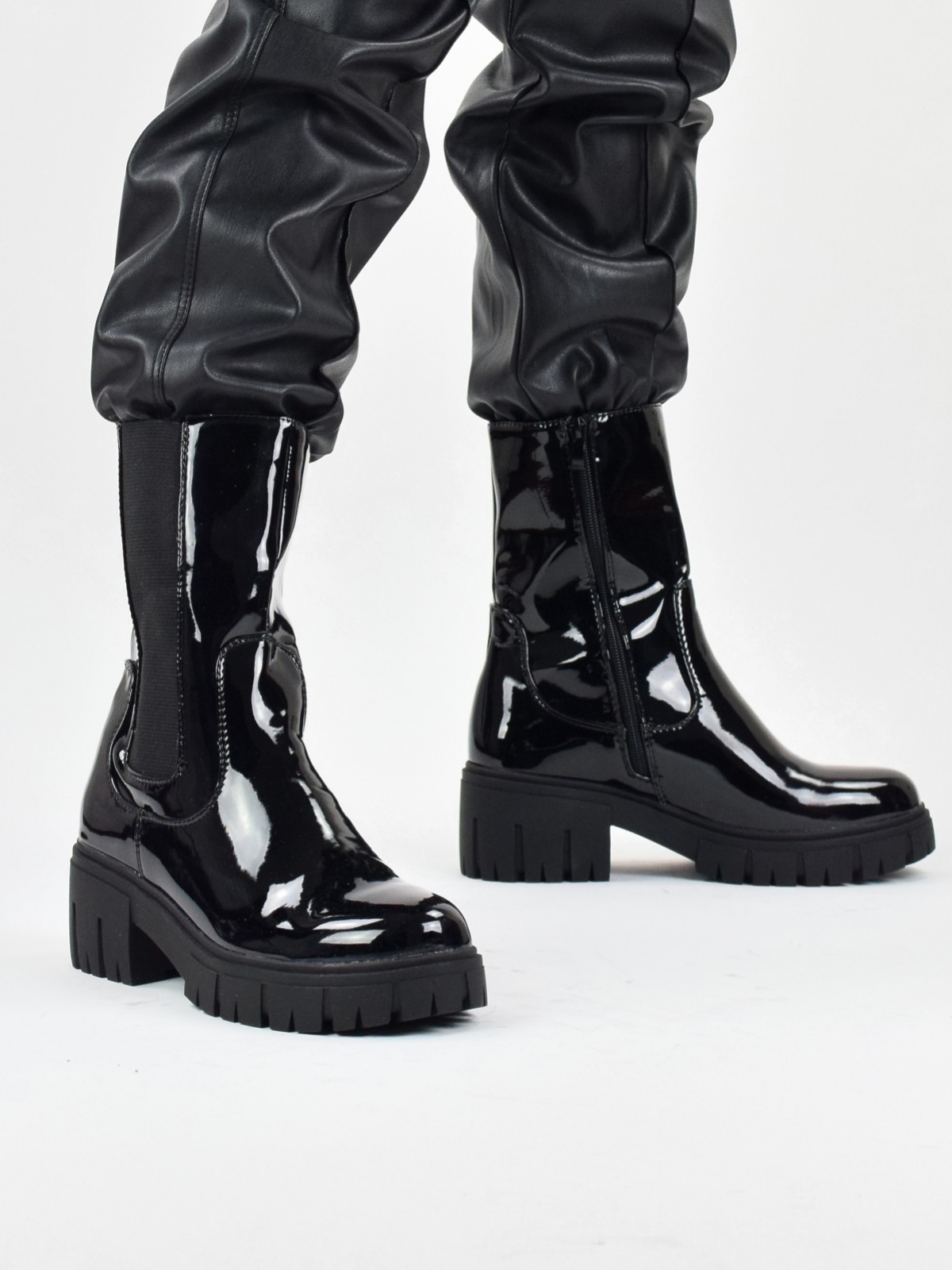 Chunky chelsea style boots in black patent